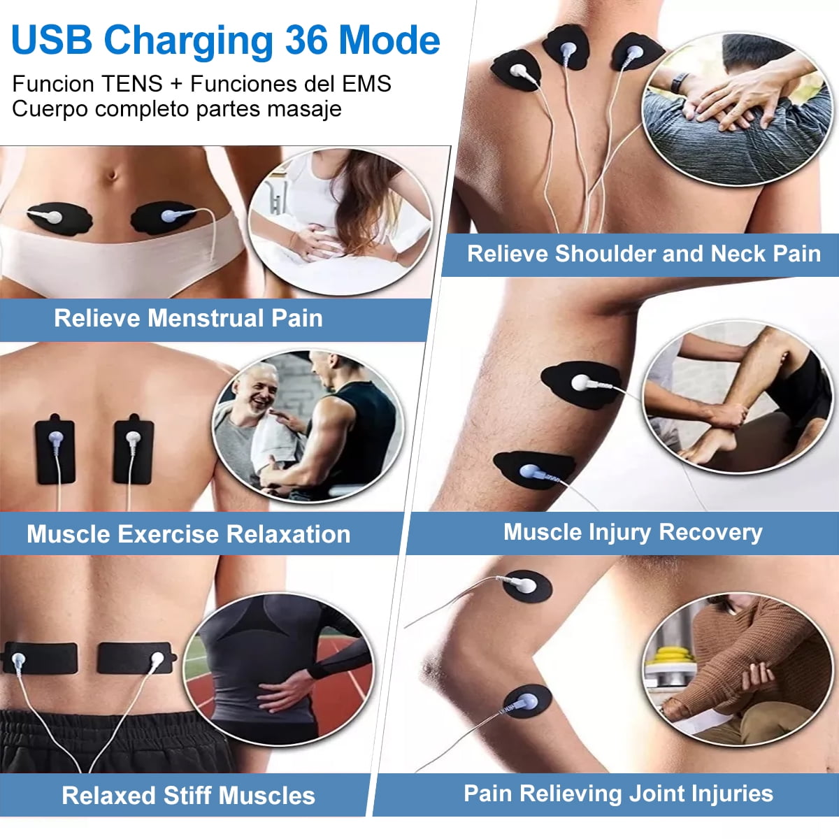 INSMART TENS Unit Rechargeable Muscle Stimulator EMS Dual Channel with 10 Reusable Electrode Pads 36 Modes for Back Neck Pain Muscle Therapy Pain Management Pulse Massager