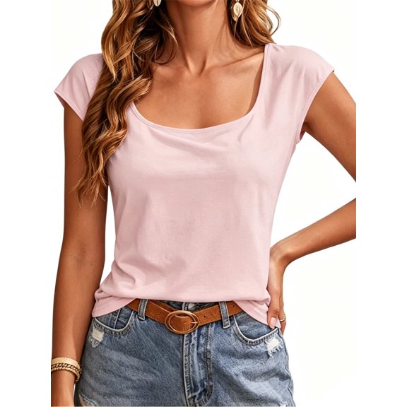 Summer Cap Sleeve Women Solid Color Scoop Neckline Casual T-shirt Simple Tops