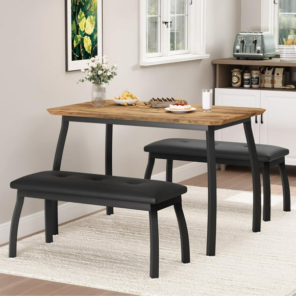 Yeshouse Juego de comedor para 4 personas, moderno conjunto de mesa y banco de 3 piezas con estructura metálica y asientos tapizados