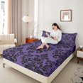 thumbnail image 3 of jejeloiu Spooky Skull Queen Sheets,Damask Pattern Queen Sheet Sets For Adults,Purple Black,4 Pieces,1 Flat Sheet, 1 Fitted Sheet and 2 Pillowcases, 3 of 6