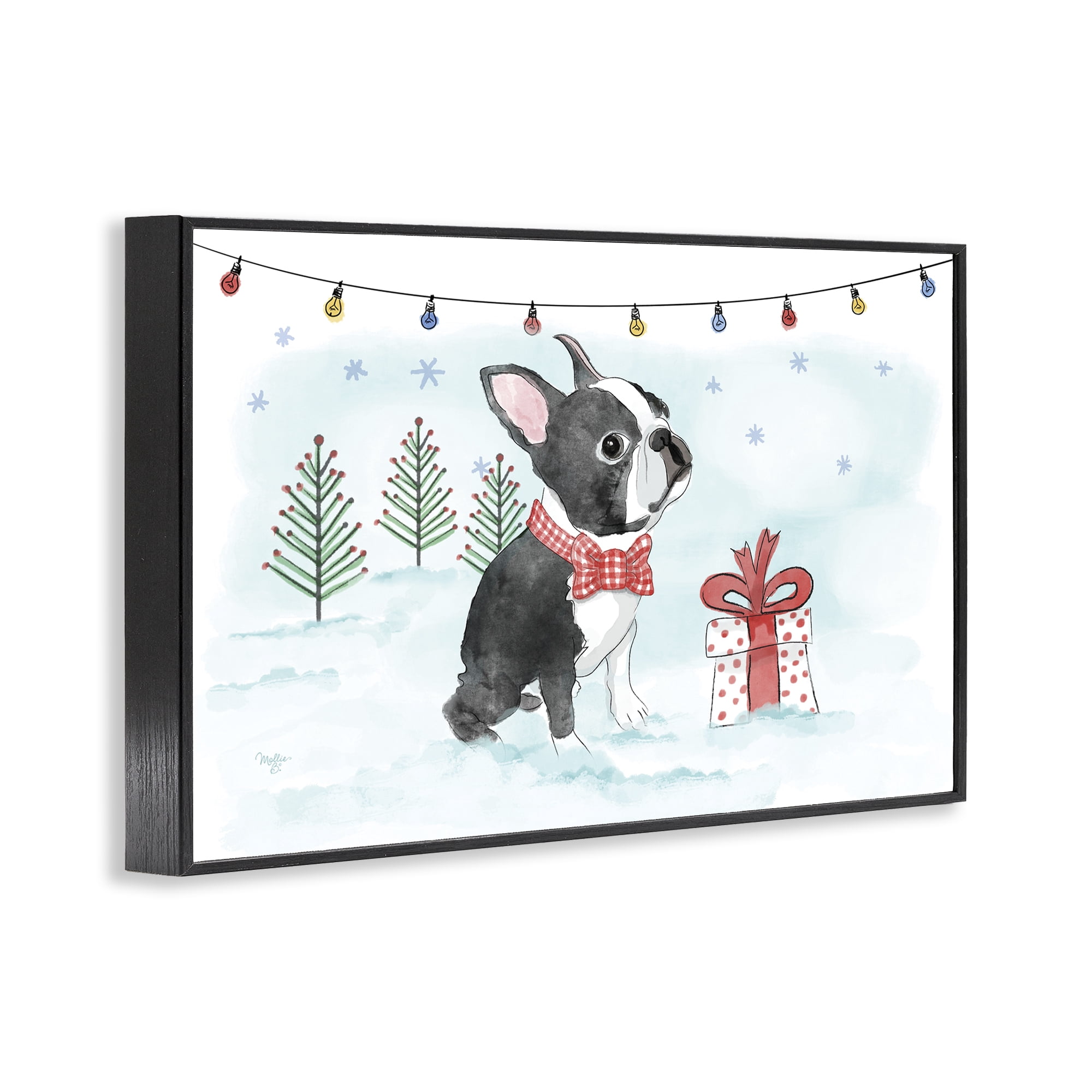 Stupell Industries Snowy Boston Terrier Holiday Painting Black Framed Art Prints Wall Art, 24 x 16