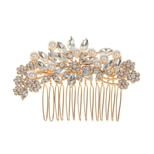 Nvzi Horquillas para el pelo de boda con flores para novias, peinetas con perlas de cristal, pinzas para el pelo, accesorios para el pelo de boda dorados, joyas -