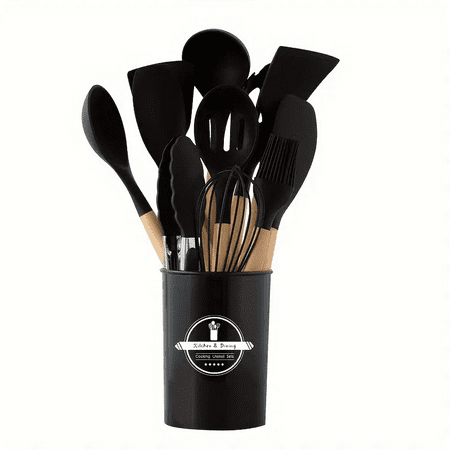 

12pcs Silicone Kitchenware Set Khaki Wood Handle Kitchenware Set Safety Kitchenware Set Non stick Kitchenware Set