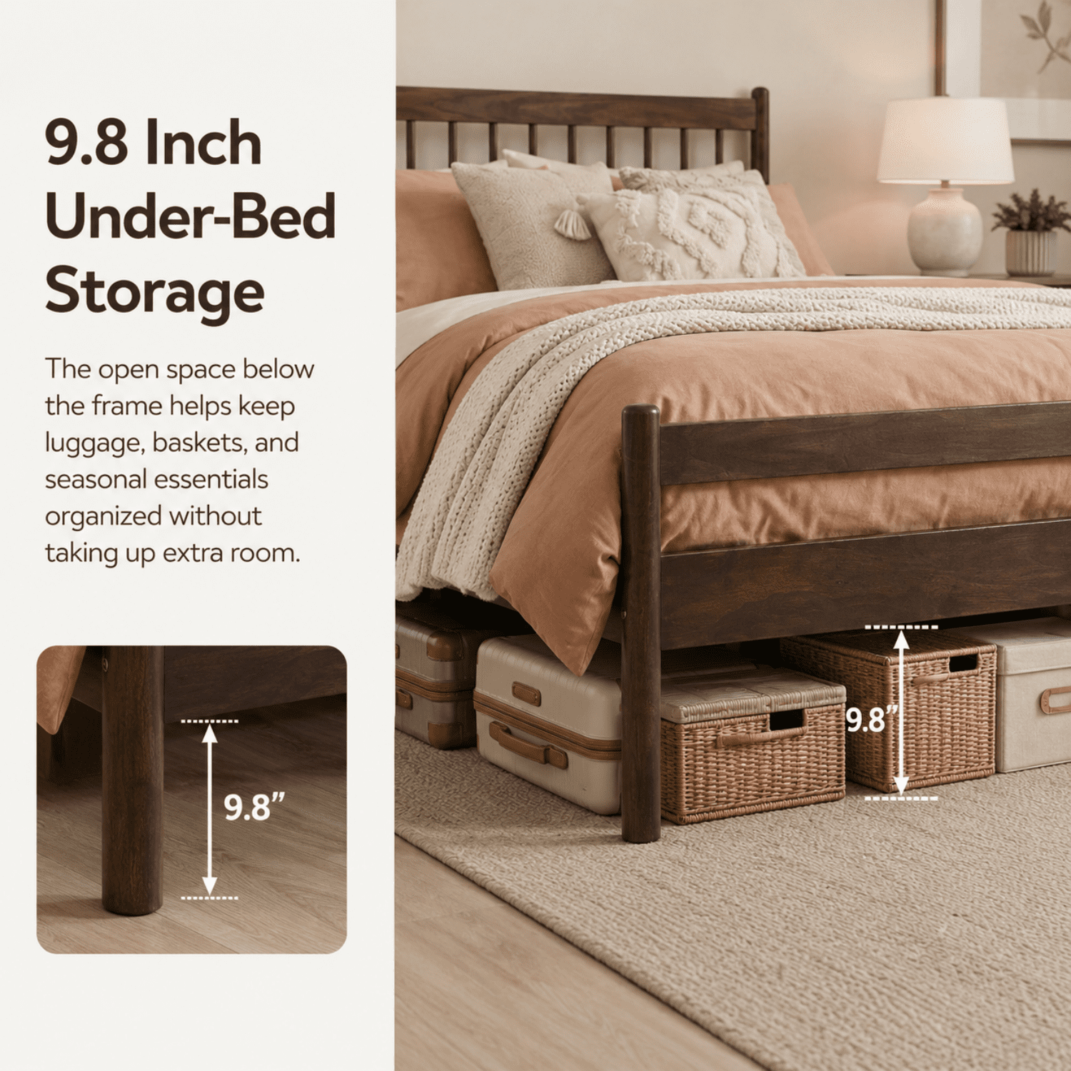 Miniyam Queen Pine Wood Platform Bed Frame with Spindle Headboard, 9.8" Underbed Storage, Walnut