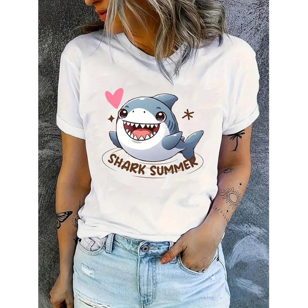 Women's "Shark Summer" Graphic Tee - Casual & Sporty Round Neck Short Sleeve, Comfortable Polyester Blend Summer Top with Cute Shark Design