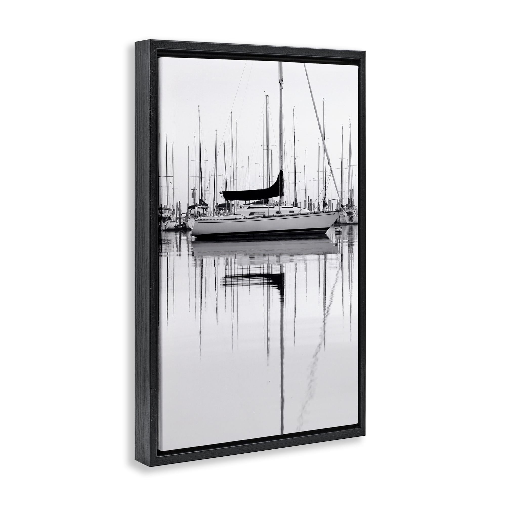 Stupell Industries Monochrome Boat Harbor Transportation Photography Black Floater Framed Canvas Art Print Wall Art, 17 x 25