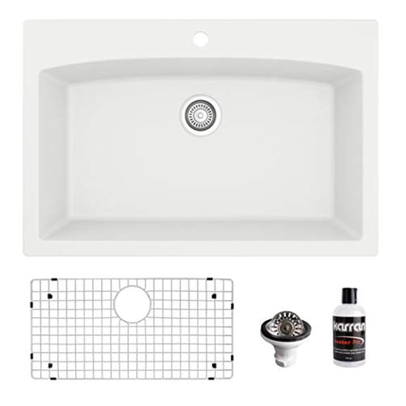 QT-712 Drop-In Quartz Composite 33 in. 1-Hole Single Bowl Kitchen Sink Kit in White