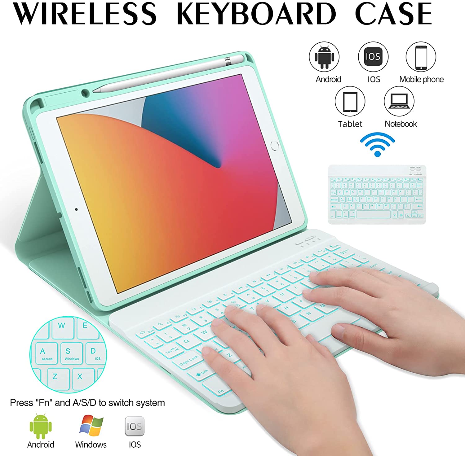iPad Keyboard Case for iPad 10.2" 9th Gen 2021/8th Gen 2020, iPad Pro 10.5" Built-in Pencil Holder Backlit BT Keyboard Auto Sleep/Wake Function (Green) - image 4 of 9
