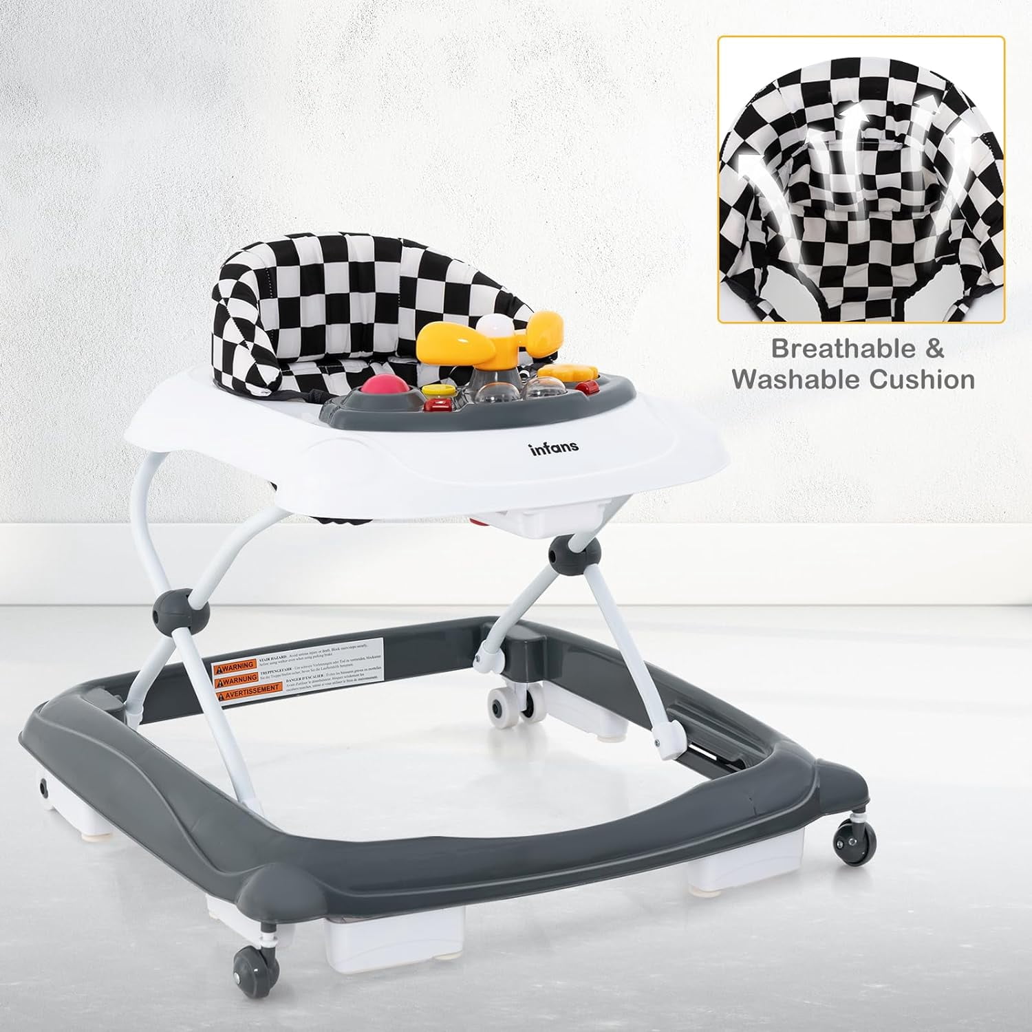 INFANS Foldable Baby Walker, 3 in 1 Toddler Walker Leaning-Seated Walk-Behind with Removable Music Tray, Adjustable Height, Washable Seat Cushion for Boys and Girls