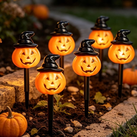 Halloween Solar Pumpkin Stake Lights 5 Pack,Waterproof Witch Hat Jack-O'-Lantern LED Pathway Lighting for Yard Garden Patio Autumn Outdoor Decor,14 in