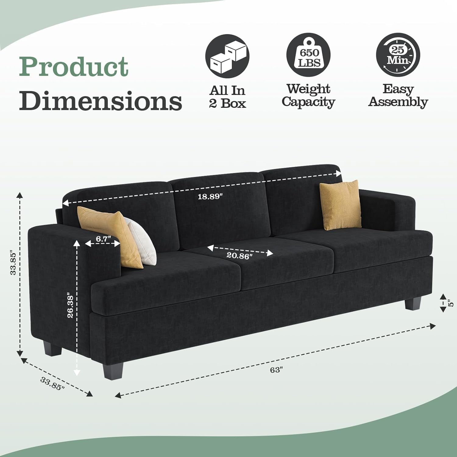 Techmilly Modern Comfy Deep Seat Sofa,3 Seater,for Living Room Bedroom,Apartment,Lounge,Dark Gray Chenille