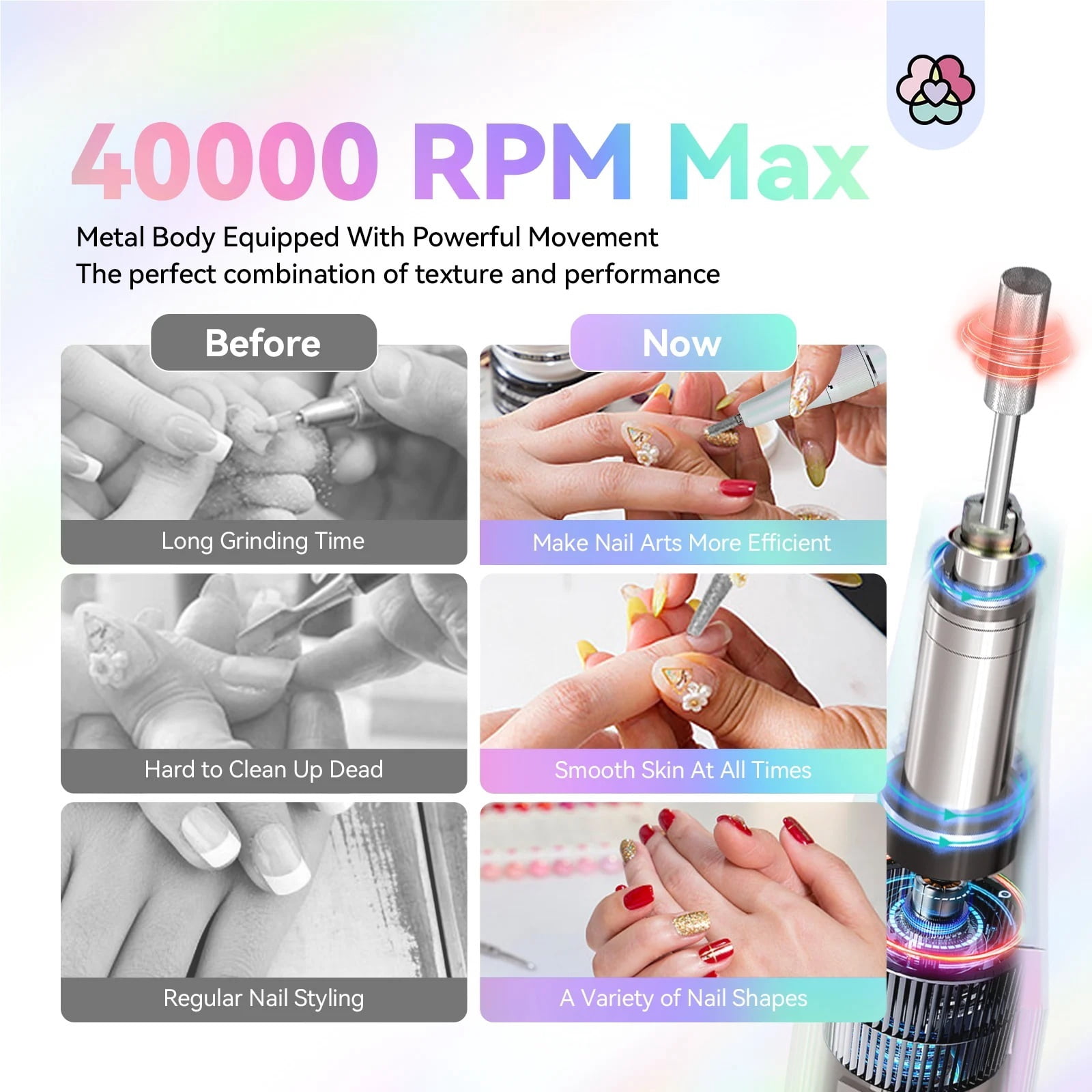 Professional Rechargeable 40000RPM Electric Nail Drill Machine with 12 Drill Bits Nail File for Acrylic Nails Removing