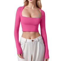 Defitshape Women's Long Sleeve Shirts Crop Top Sexy Top Fall Crop Fitted Tight Basic Yoga Soft Summer Casual Cropped Rose Small