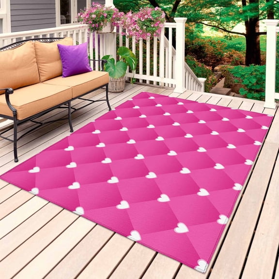 Pink Outdoor Rug for Patio/Deck/Porch, Non-Slip Large Area Rug 5 x 8 Ft, Modern Romantic Love Heart Plaid Striped Art Indoor Outdoor Rugs Washable Area Rugs, Reversible Camping Rug Carpet Runner