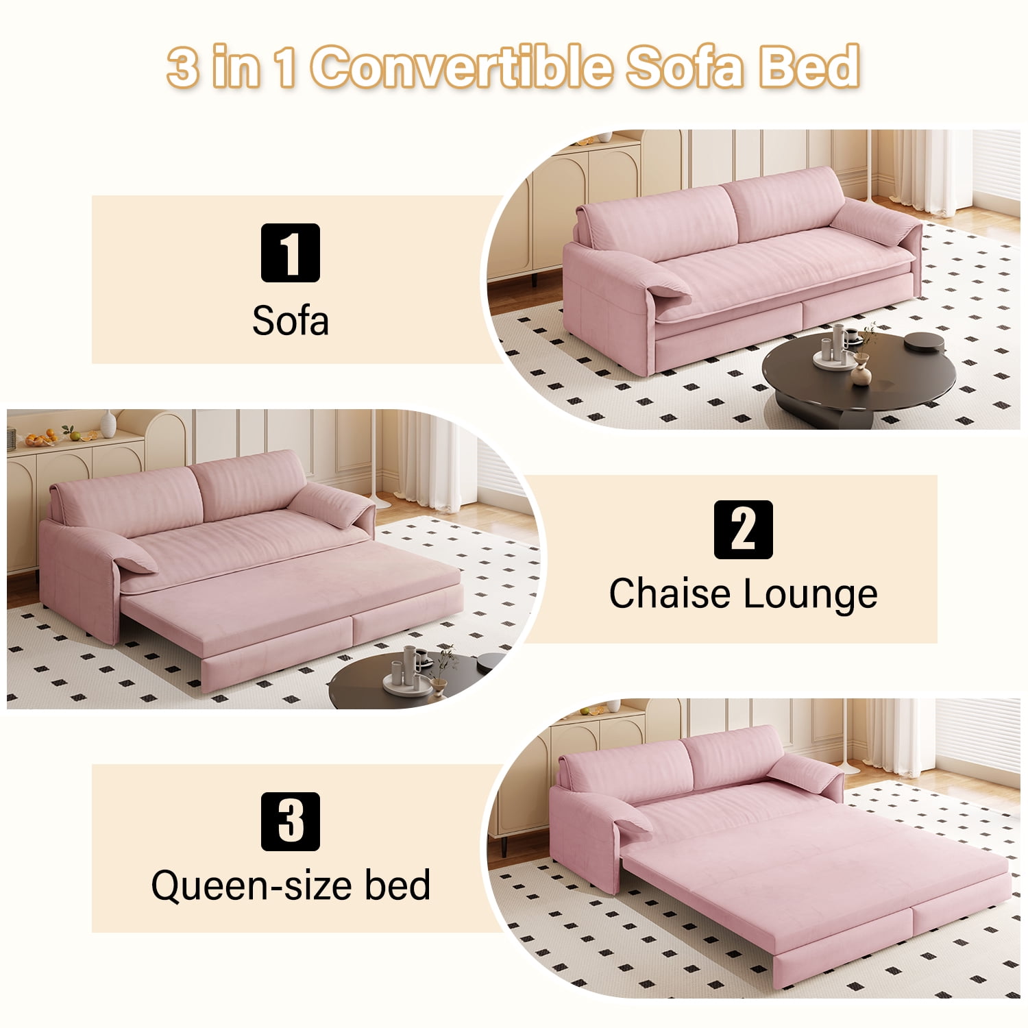 Aukfa Queen Sleeper Sofa Bed, Convertible Loveseat Pull Out Sofa Couch with Pillow Arm/Side Pockets, Pink