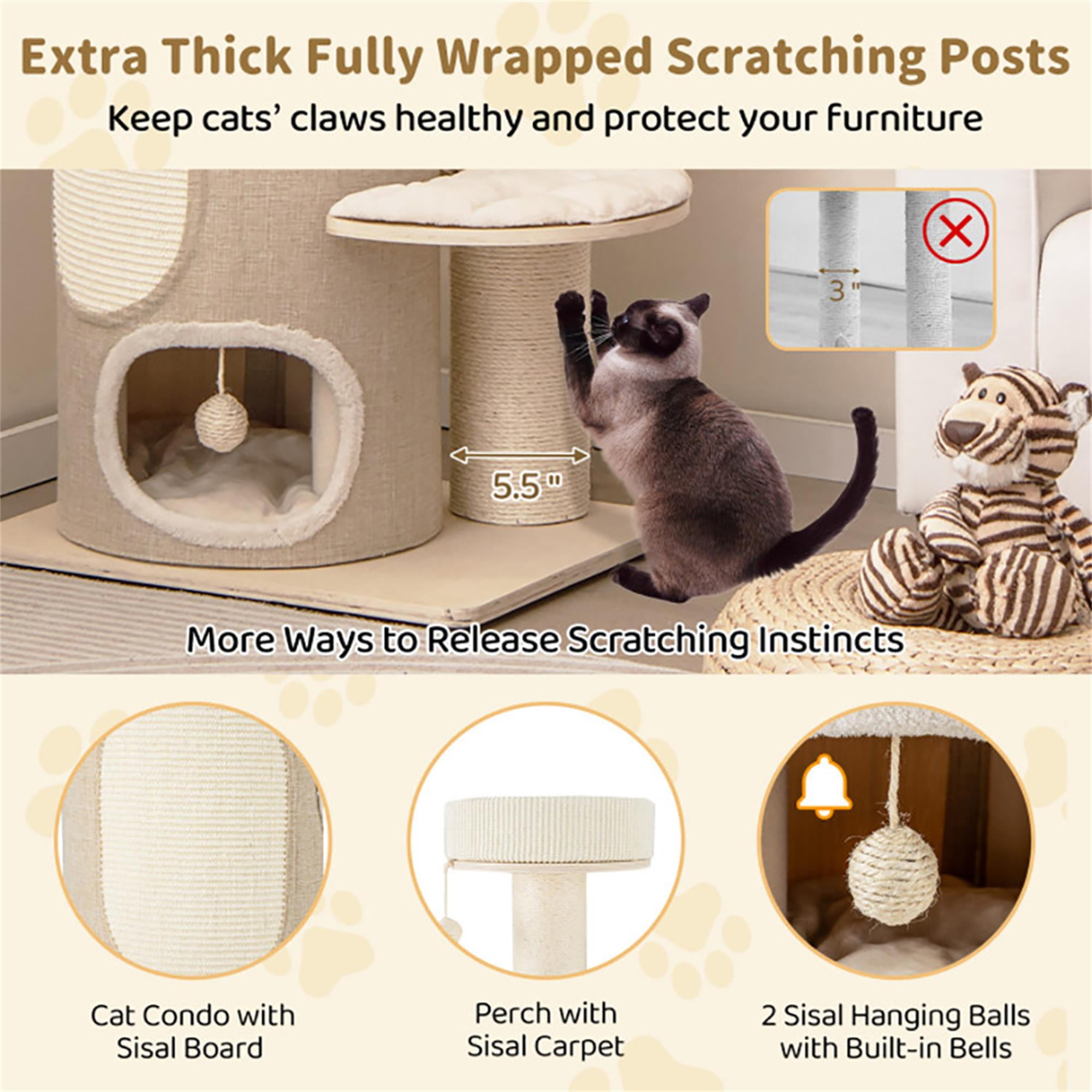 Kadyn 61" Cat Tree with Scratching Post, Cat Tower with with 2 Stoery Cat Condo and Top Perch, Multi-Platform Cat Tree House, Beige