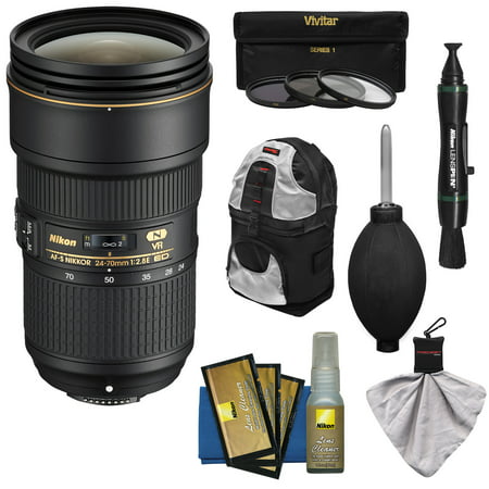 Nikon 24-70mm f/2.8E VR AF-S ED Nikkor Zoom Lens with Backpack + 3 Filters + Kit for D3300, D5300, D5500, D7100, D7200, D610, D750, D810, D4s Camera