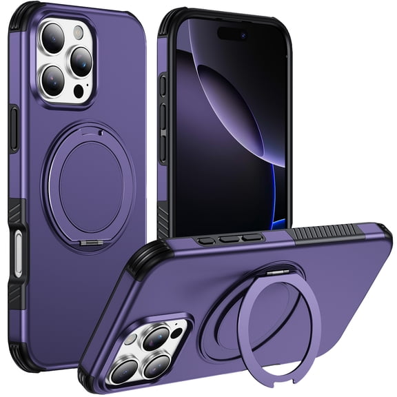 Dteck Magnetic Case for iPhone 16 Pro, Shockproof TPU PC Compatible with MagSafe Case with 360° Rotating Ring Kickstand Heavy Duty Protective Cover, Deeppurple
