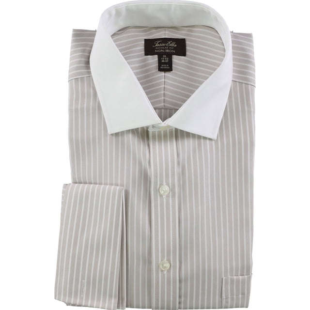 Tasso Elba - Camisa de vestir con botones a rayas para hombre, color marrón, cuello de 17 pulgadas, manga de 34 a 35 pulgadas
