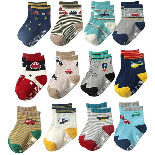Calcetines antideslizantes de algodón de colores brillantes para bebés y niños pequeños (paquete de 12)