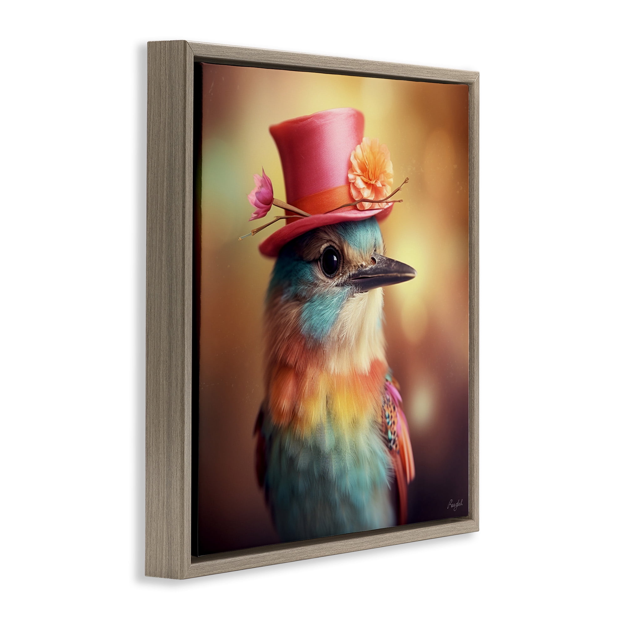 Stupell Industries Pastel Bird in Hat Animals & Insects Painting Brown Floater Framed Canvas Art Print Wall Art, 25 x 25