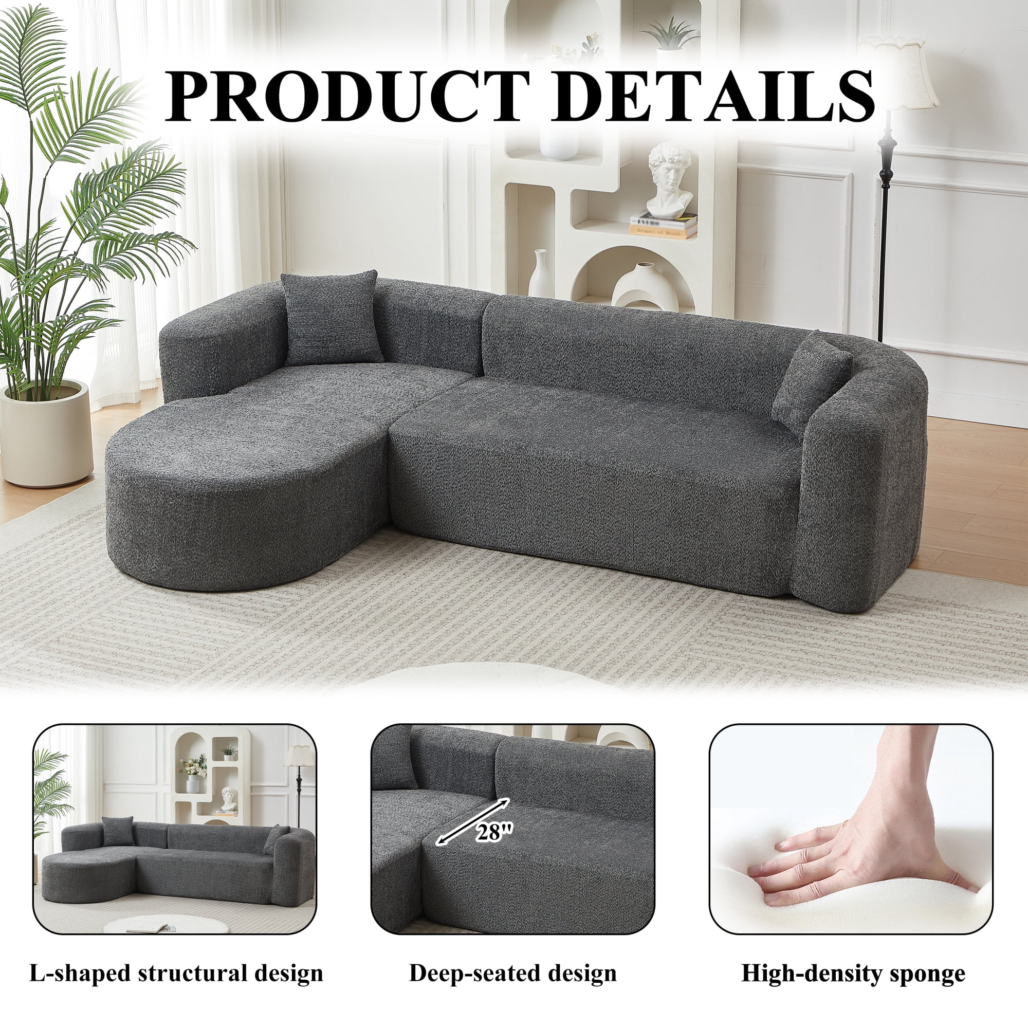 Leumius 109.4" Modern L-Shape Modular Sectional Sofa, Luxury Modern Curved Back Sofa with 2 Throw Pillows, Minimalist Boneless Cloud Couch Gray