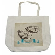 Oyster Shopping Bag, Sketched Virginica Atlantic Oysters on Polka Dot Background, Eco-Friendly Reusable Bag for Groceries Beach and More, 15.5" X 14.5", Cream, by Ambesonne