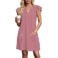 thumbnail image 6 of Noric Women's V Neck Striped Mini Dresses Ruffle Cap Sleeve with Pockets Relaxed Fit Casual Summer Lightweight Flowy Casual Dresses, 6 of 7