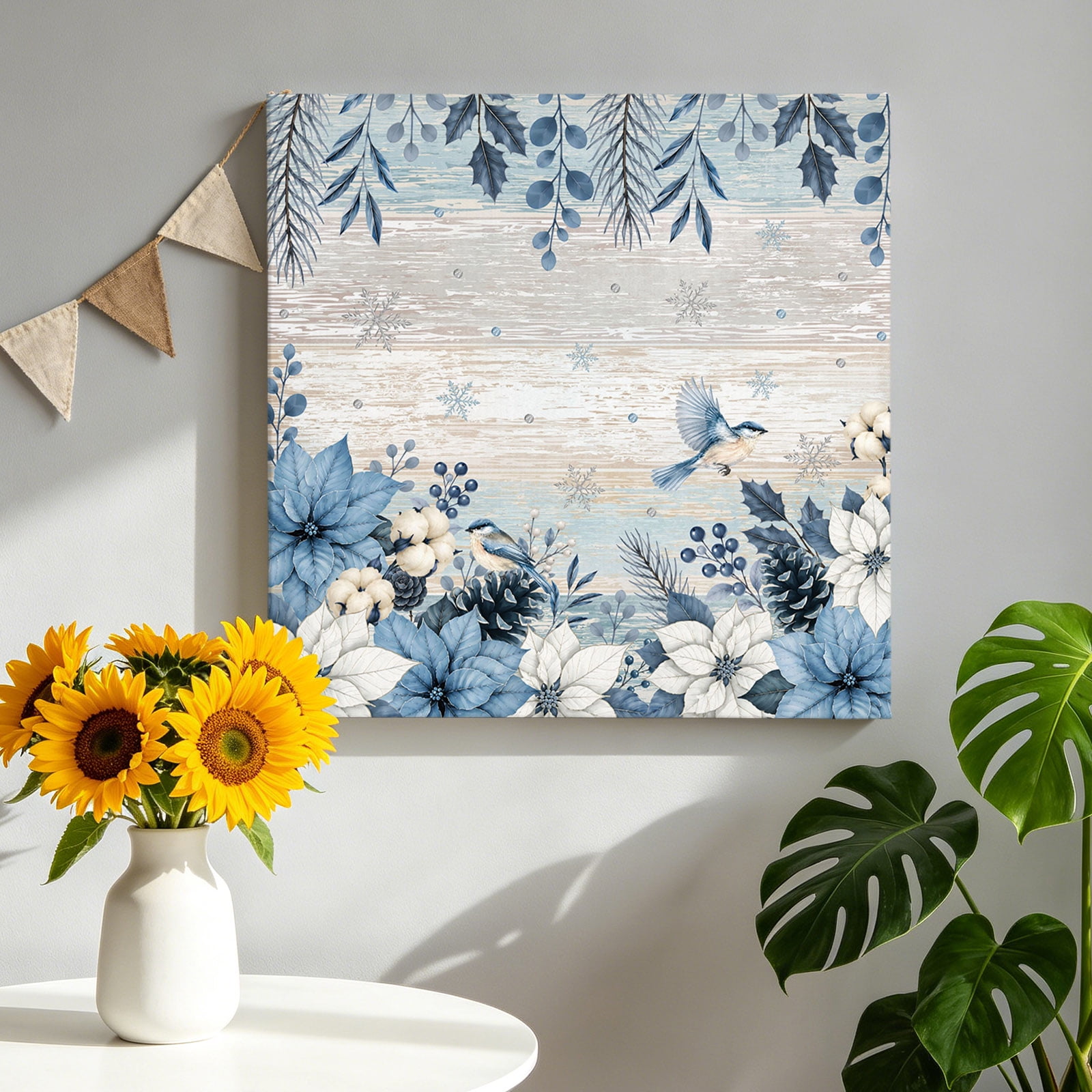 Christmas Winter Canvas Wall Art Blue White Poinsettia Holly Leaf Bird Wood Grain Pictures Wall Decor Wooden Framed Artwork Art Prints for Living Room Hallway Bedroom Office 10 x10