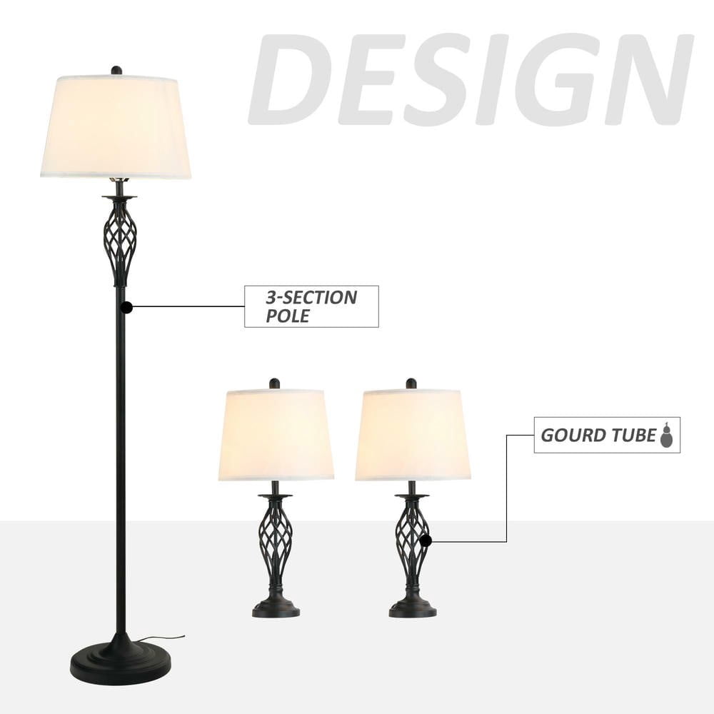 Resenkos 3-Piece Table & Floor Lamp Set - Metal Pole, Round Base, Fabric Lampshade for Living Room, White