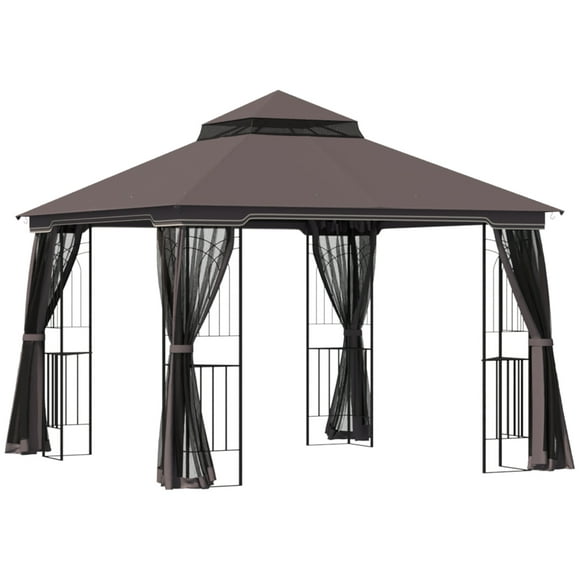 Outsunny 10' x 10' Outdoor Patio Gazebo Canopy with Double Tier Roof, Removable Mesh Curtains, Display Shelves, Top Hooks, Coffee
