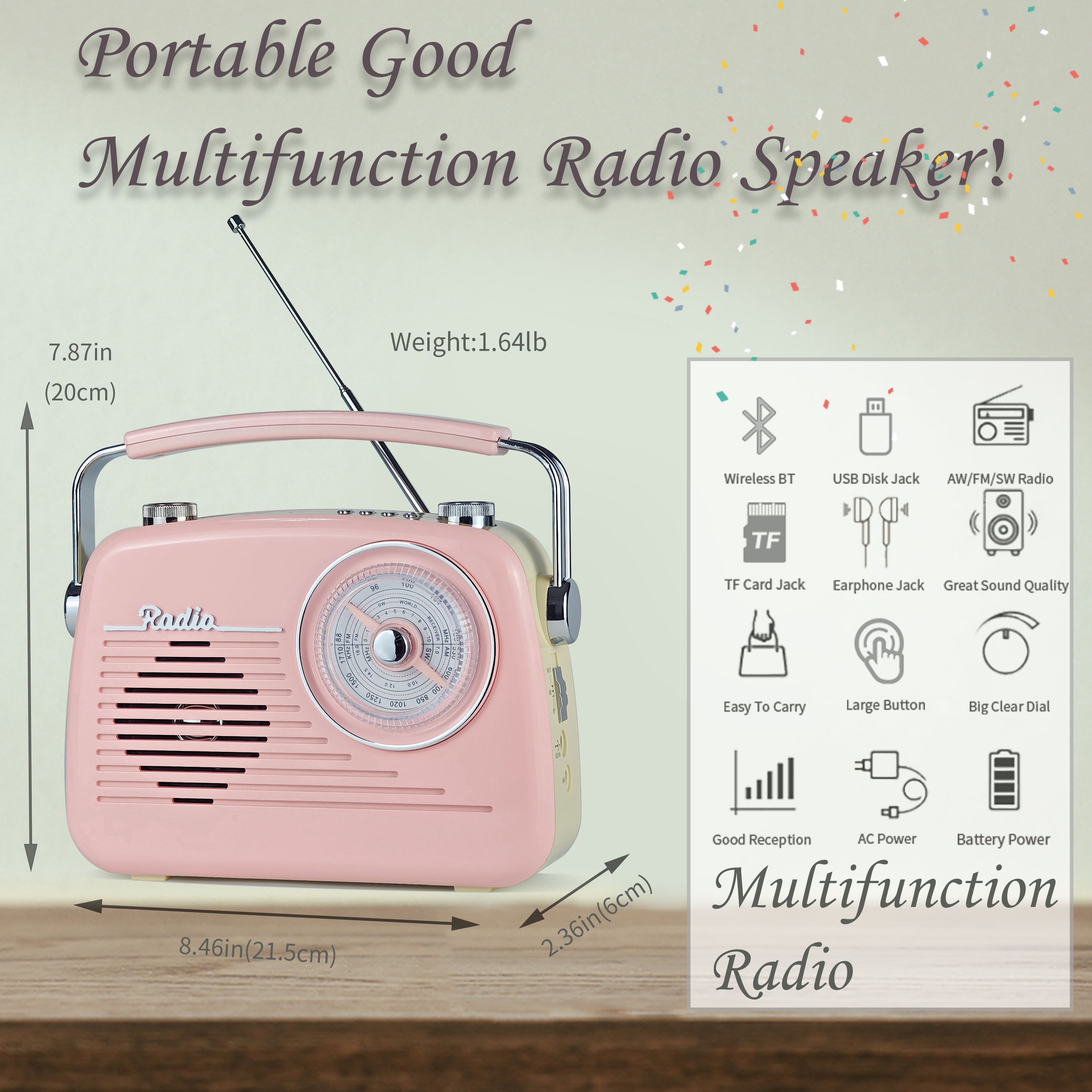 Portable Radio AM FM Shortwave Vintage Radio, Great Reception Receiver Bluetooth Speaker Plug in Wall, Support USB Drive/TF Card, Good Sound for Family or Friend for Home/Outdoors/Kitchen (Pink)