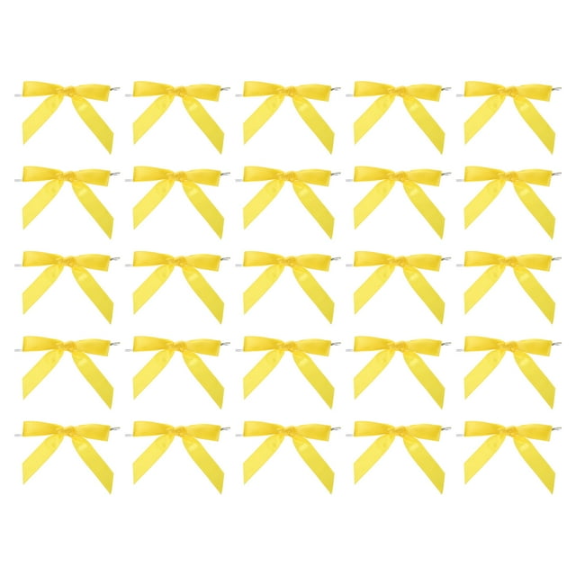 Unique Bargains 50Pcs Mini Ribbon Bow 3.5' Twist Tie Mini Fabric Satin Ribbon Flower Bows Craft DIY Sewing Bows Gold Tone