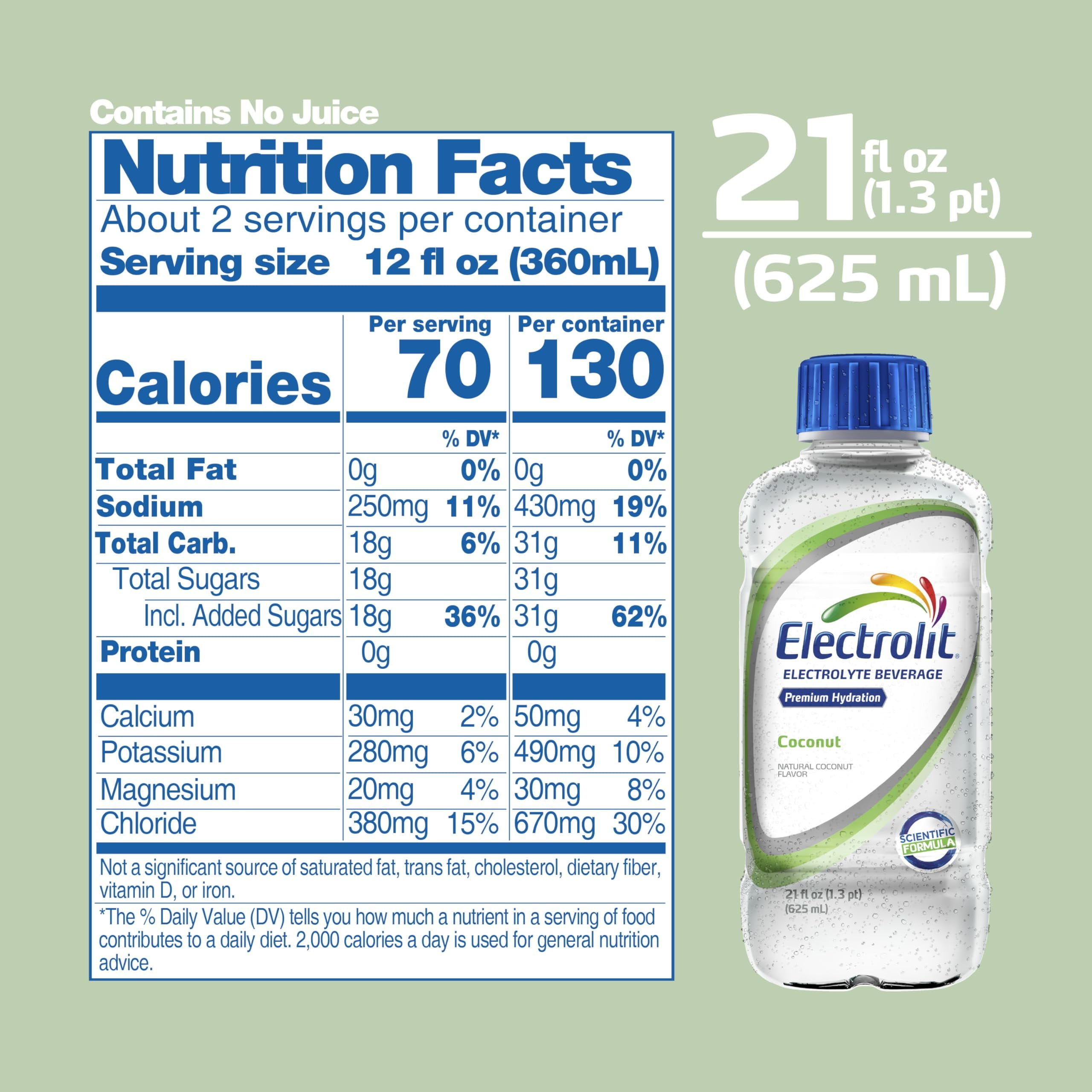 Electrolit, Electrolyte Beverage, Coconut, 21 Fl Oz bottle (Pack of 12)