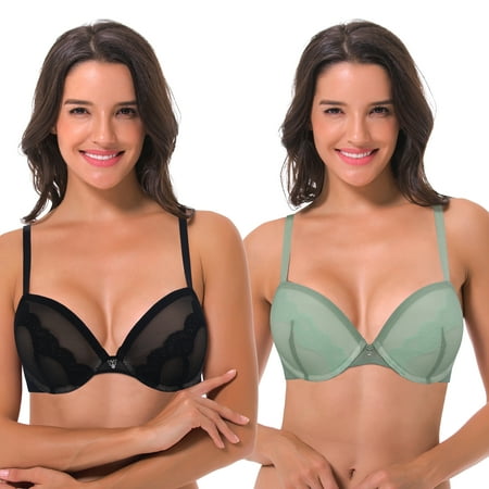 

Curve Muse Women Plus Size Underwire Add 1 and a Half Cup Push Up Lace Mesh Bra-2PK-Sage Black-32DDD