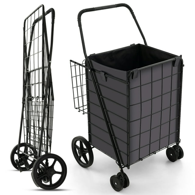 Gymax Folding Shopping Cart Utility Double Basket Grocery Cart w/ Waterproof Liner
