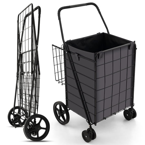 Gymax Folding Shopping Cart Utility Double Basket Grocery Cart w/ Waterproof Liner