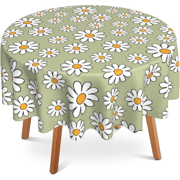 Round Table Cloth 60 Inch,White Daisy Flower Tablecloth Waterproof Stain Resistance Wrinkle Polyester Circle Table Cover for Home Kitchen Dining Party Camping Pinic Decor