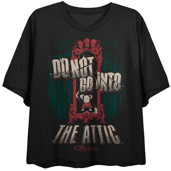 The Conjuring 4: Last Rites (2025) Child, Red Mirror, forest background, Do not go into the Attic text and logo on black Adult Crop Tee-Medium
