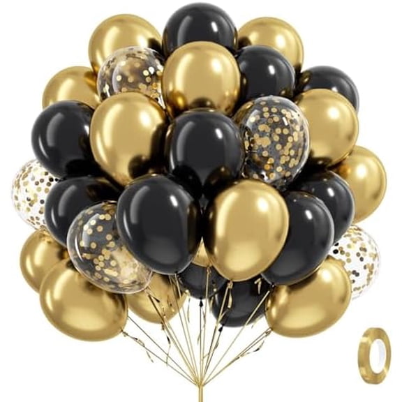 Black and Gold Balloons, 60pcs 12inch Black Metallic Gold Confetti Balloons for Graduation 2025 Anniversary Birthday Party Decorations
