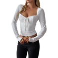 thumbnail image 2 of Women's Long Sleeve V-Neck Lace Top Y2K Hot Girl Style Vest T-Shirt Autumn and Winter Outing Fashion Clothing White XL, 2 of 7