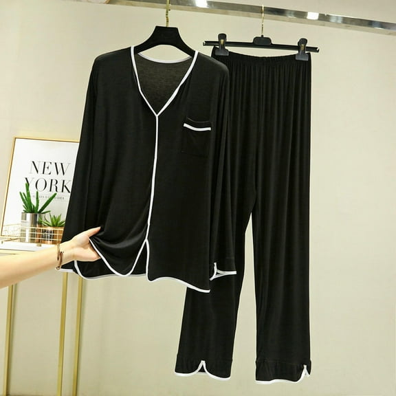 Pajamas Women's Long Sleeve Pj Set Soft 2 Piece Loungewear Sleepwear with Jogger Pants XS-3XL,Black,L