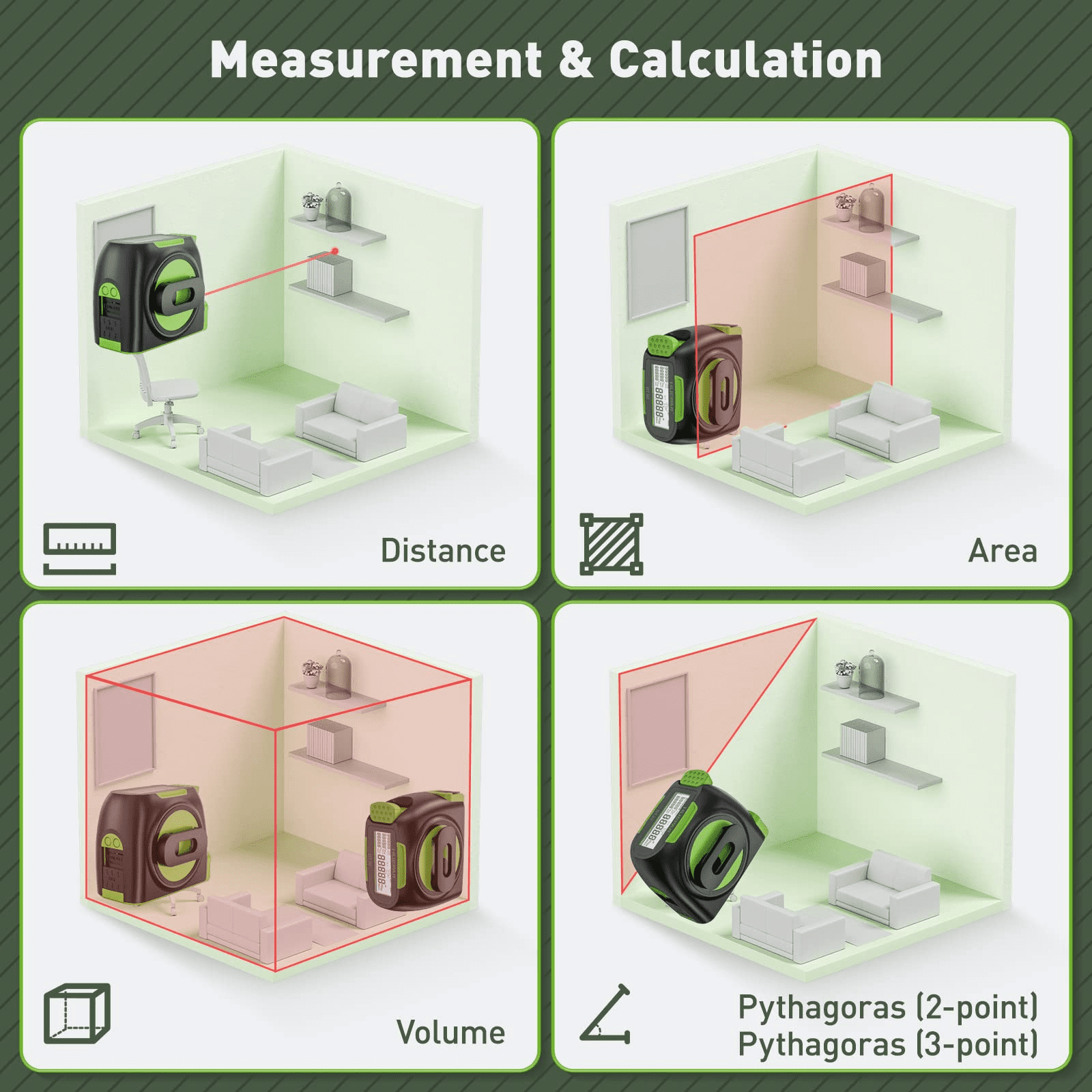 Huepar 2-in-1 Laser Tape Measure, 197Ft Rechargeable Laser Measurement Tool & 16Ft Measure Tape with Backlit LCD -Pythagorean, Area, Volume, M/in/Ft Unit Switch Digital Distance Meter