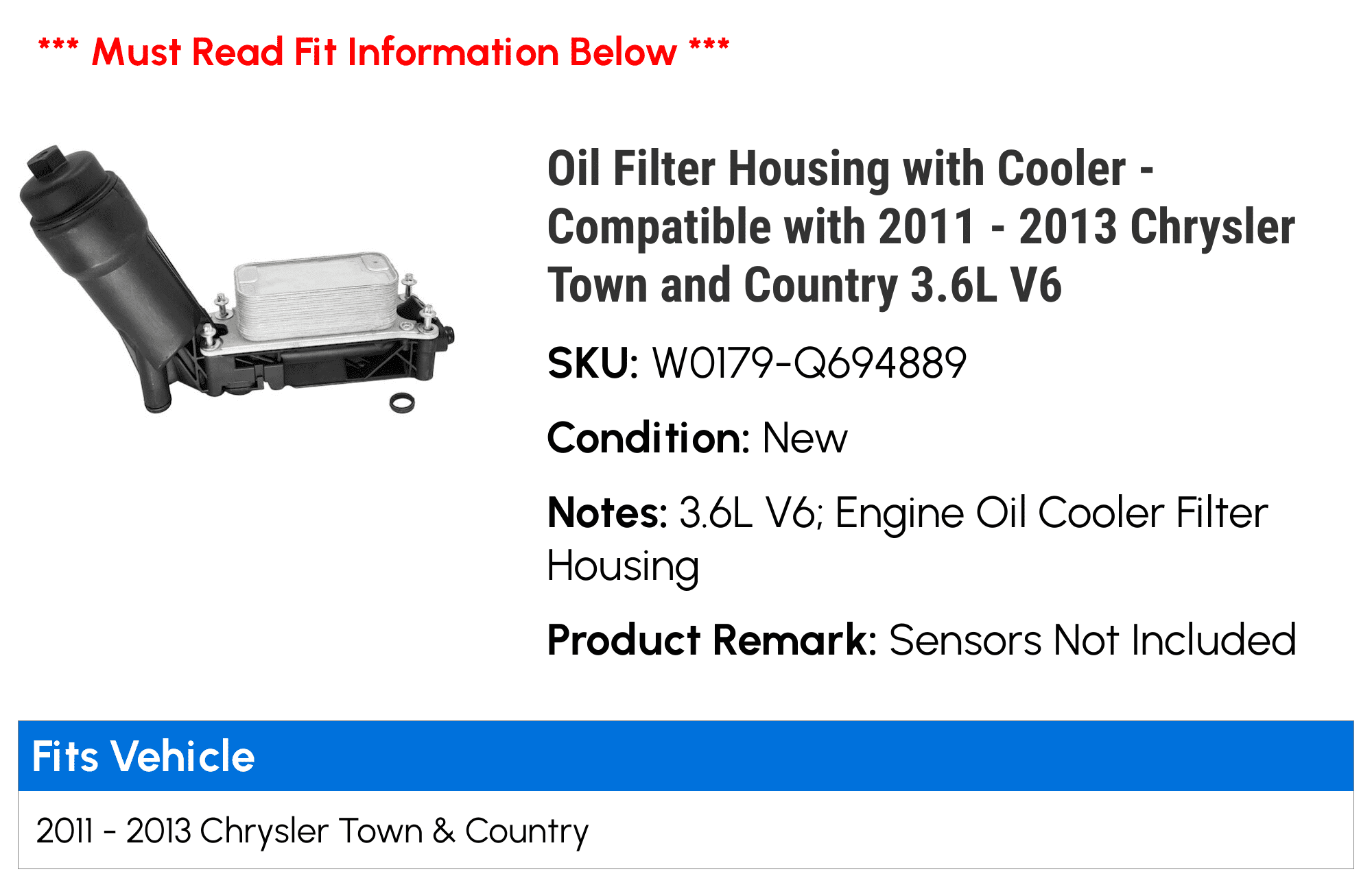 Filter Housing with Cooler Compatible with 2011 2013 Chrysler Town and  Country 3.6L V6 2012