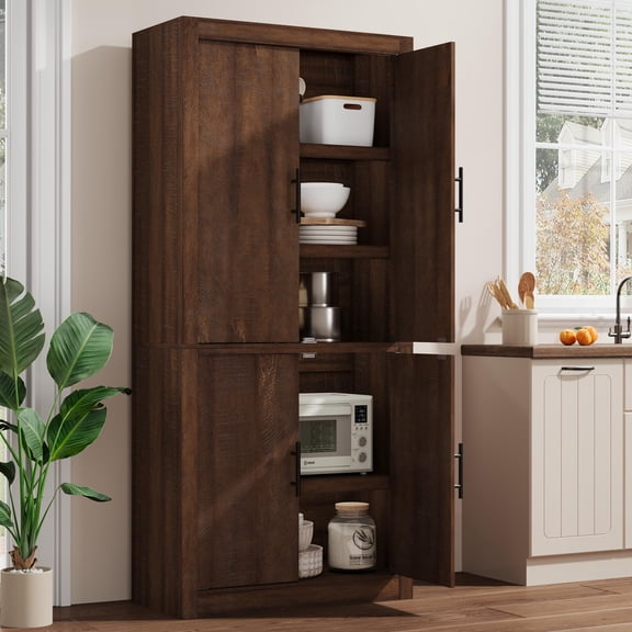Tall Wooden Kitchen Pantry, Freestanding Storage Cupboard with 4 Doors & Adjustable Shelves for Dining & Living Room, Retro Brown