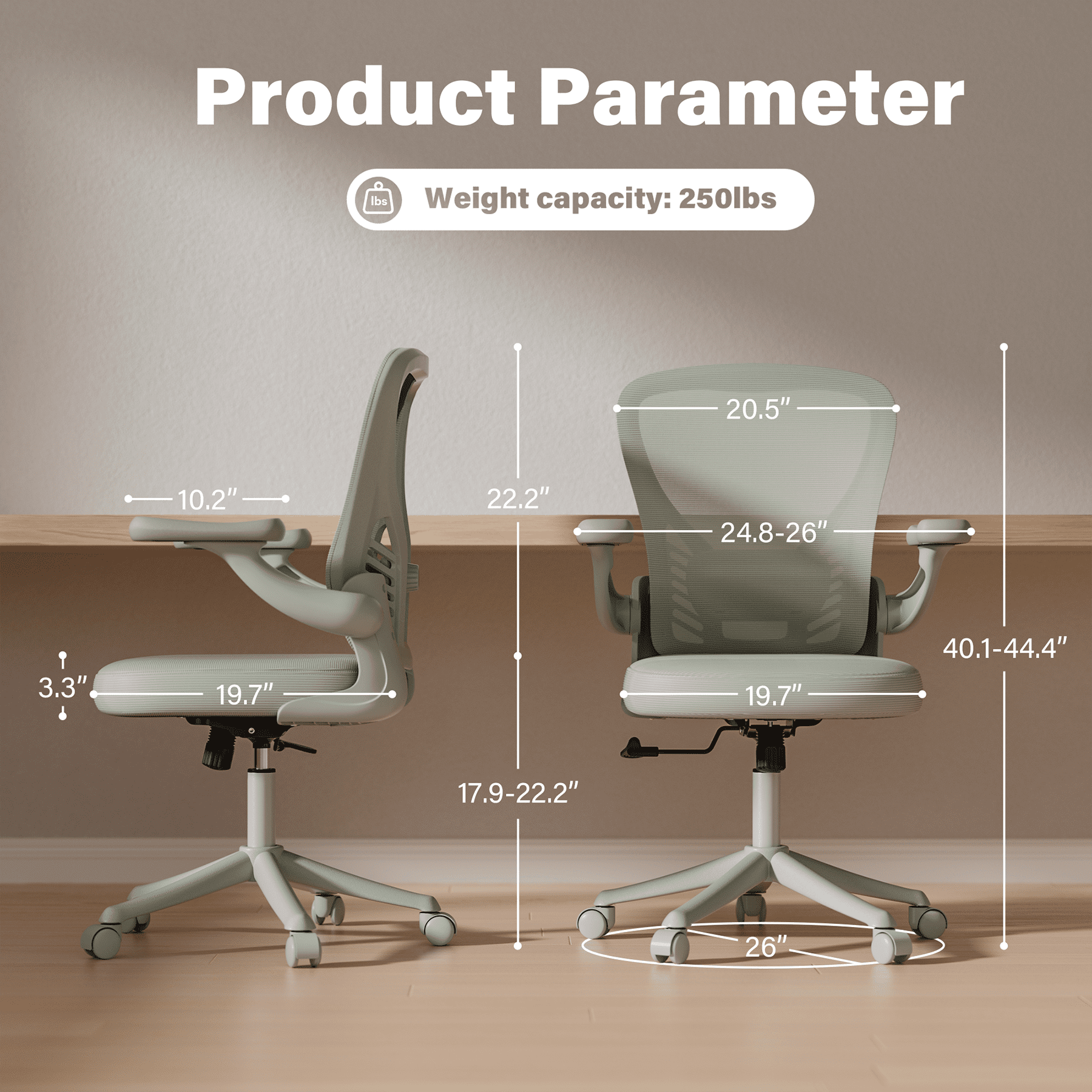 Solfway Gray/White Mesh Computer Desk Chair, Ergonomic Mesh Office Chairs with Adjustable Lumbar Support, Height, 3D Flip-up Arms, Wheels, Rocking Function