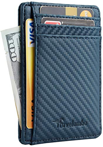 Travelambo Front Pocket Minimalist Leather Slim Wallet RFID Blocking Medium Size carbon fiber texture blue