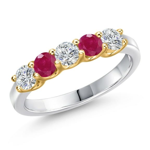 Gem Stone King 10K Two Tone Gold Lab Grown Diamond and Red Ruby Wedding-Bands Ring for Women | 1.01 Cttw | Round 3.5MM | Gemstone April Birthstone | Size 6