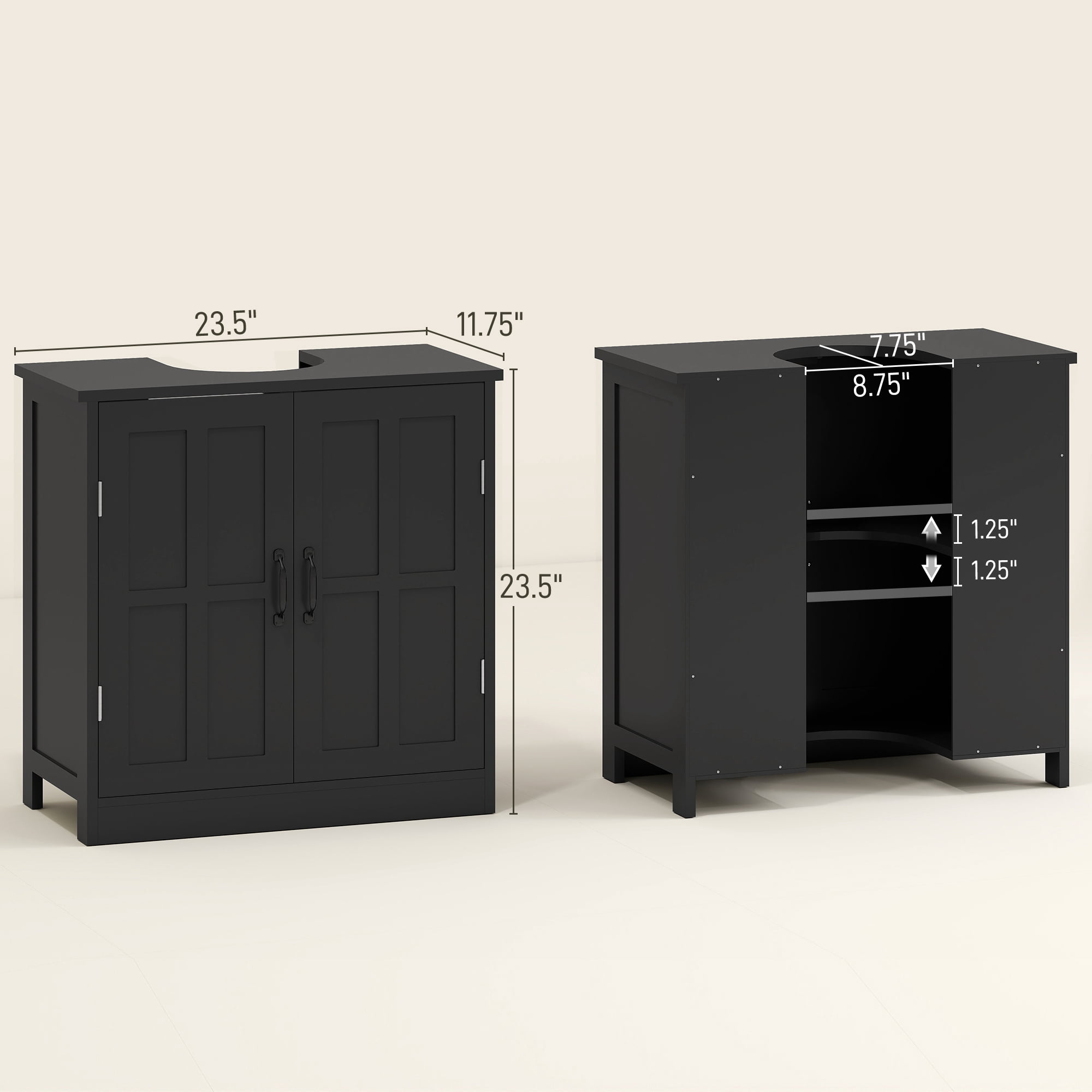 Black Under Sink Bathroom Cabinet, Double-Door Storage Cabinet with U-Shaped Cutout & Adjustable Shelf, Anti-Tipping Design for Bathroom Organizer