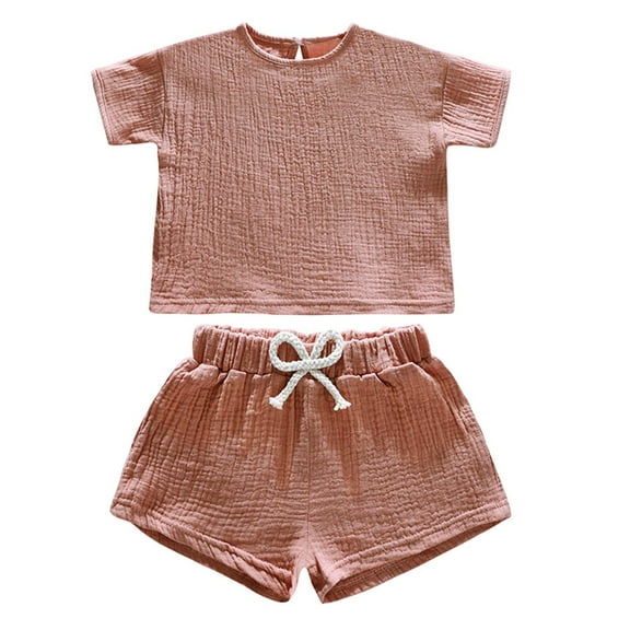 PInxai 2 Piece Sets for Kids Crew Neck Short Sleeve Tops Elastic Waisted Shorts Casual Comfy Vacation Beach Outfits,Pink,12 Months